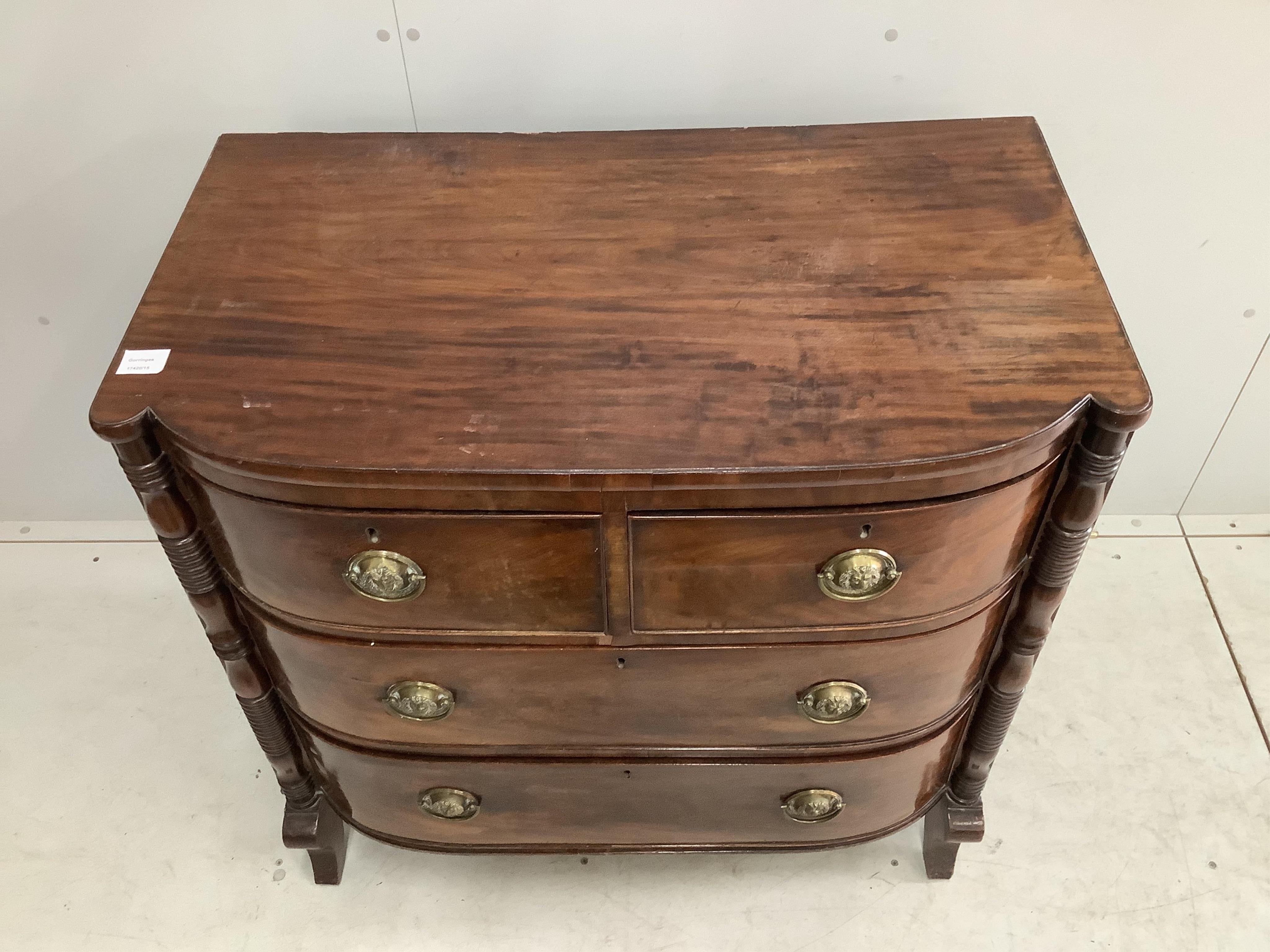A Regency mahogany bowfront chest of four drawers, width 90cm, depth 51cm, height 89cm. Condition - fair